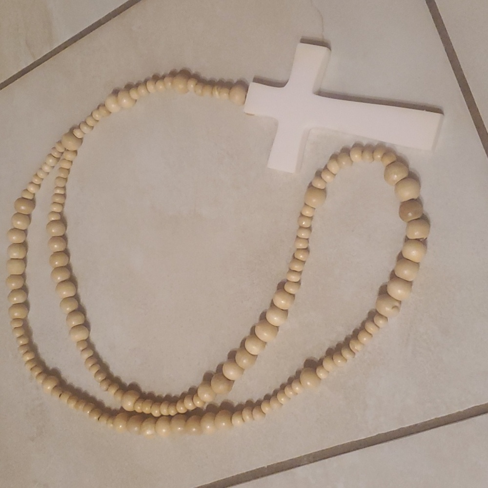 Large Resin Cross Natural Wooden Beads Rosary Neckace